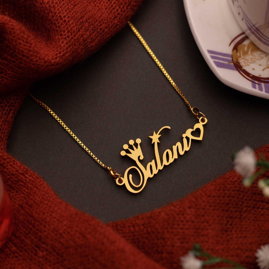 Crown And Heart Style Name Necklace - Zewar Mahal
