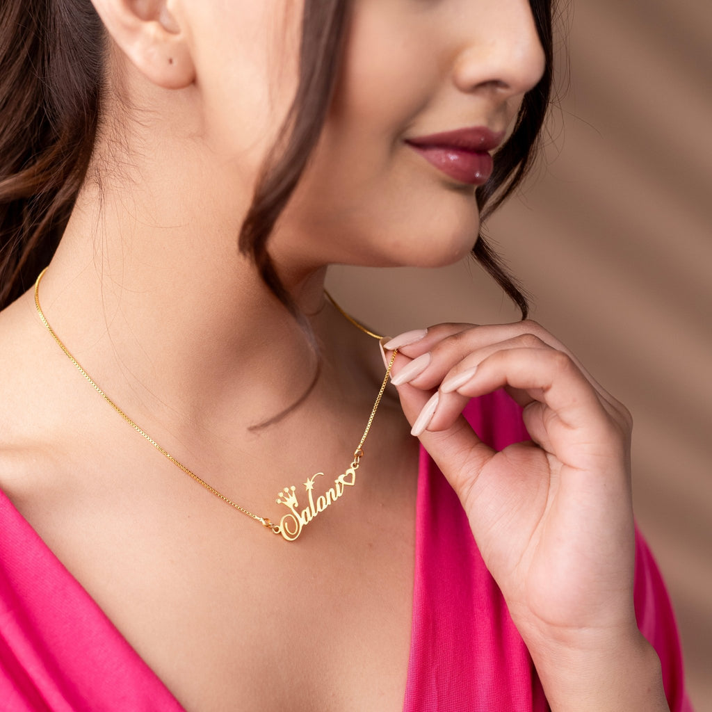 Crown And Heart Style Name Necklace - Zewar Mahal
