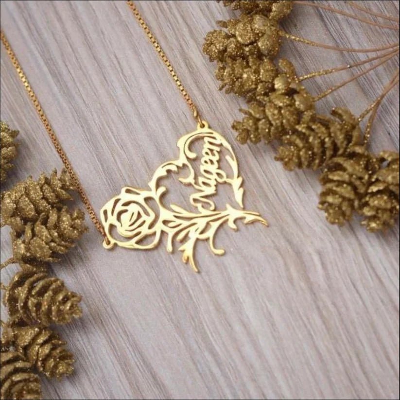 Customised Name Necklace Rose And Heart - Zewar Mahal