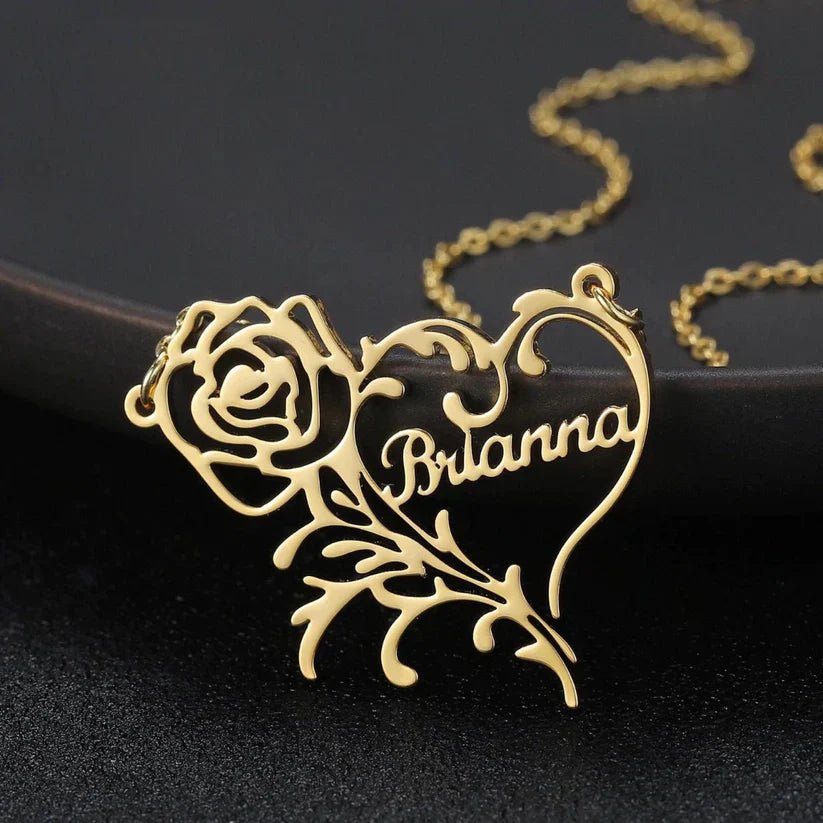 Customised Name Necklace Rose And Heart - Zewar Mahal